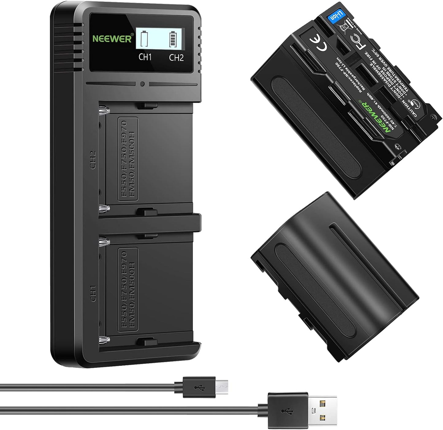 Neewer 10099856 Dual USB Charger + 2x NP-F750 Batteries