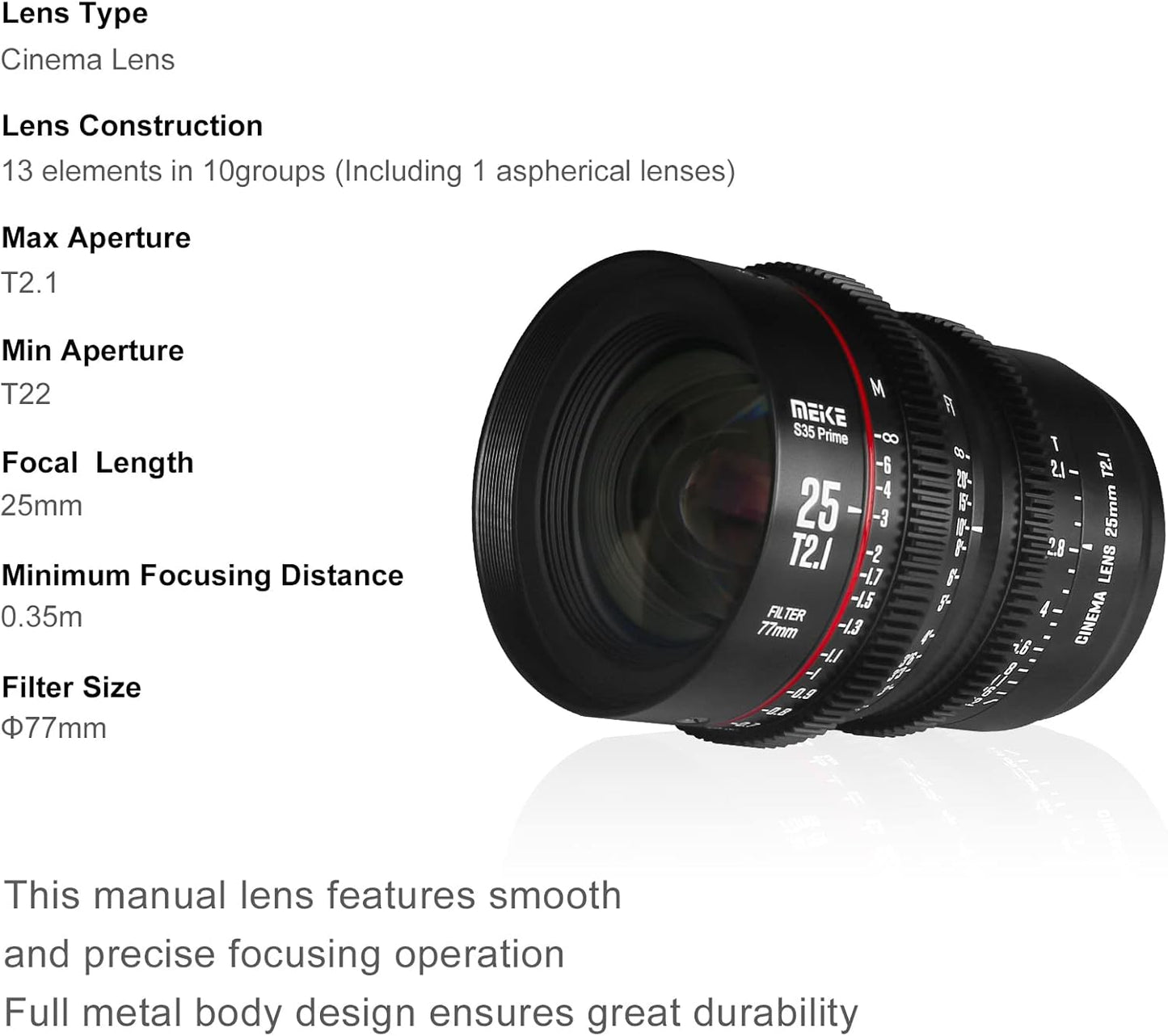 Meike 25mm T2.1 S35 Wide Angle Cinema Lens EF Mount
