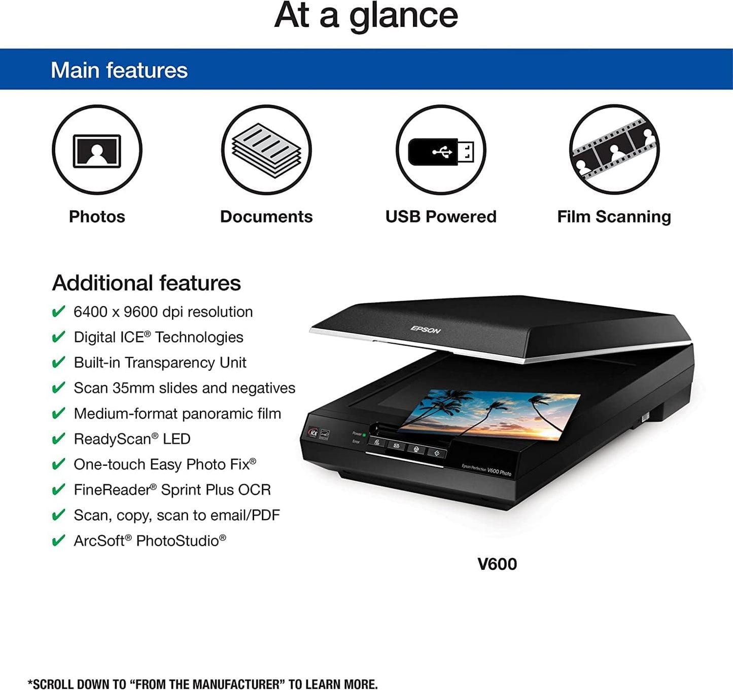 Epson V600 Perfection Photo Scanner, 6400 dpi, USB