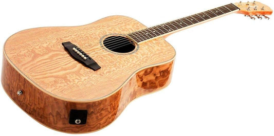 Monoprice Quilted Ash Acoustic Guitar - Natural w/ Gig Bag & Pickup