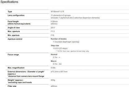 Fujifilm CR172 XF56mmF1.2 R Lens (Renewed)