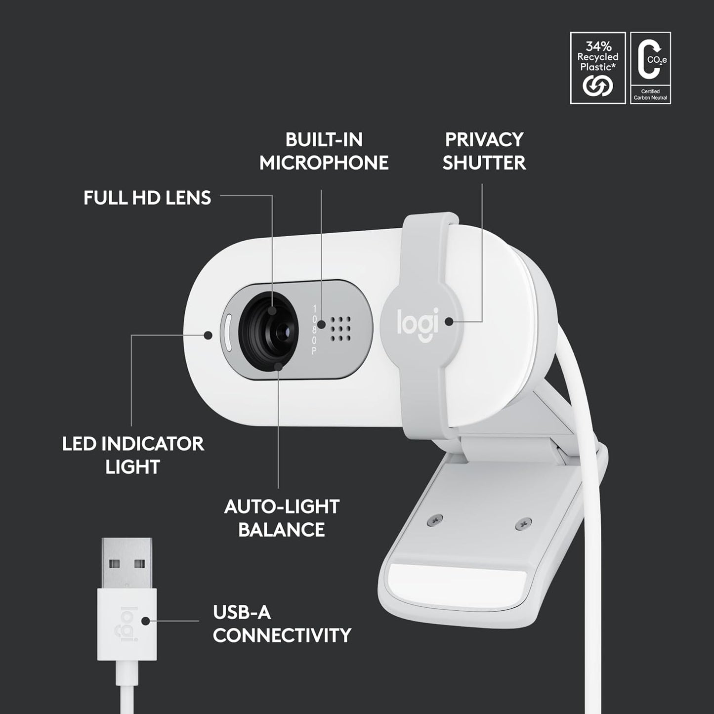 Logitech 960-001616 Brio 100 Full HD 1080p Webcam - Off White