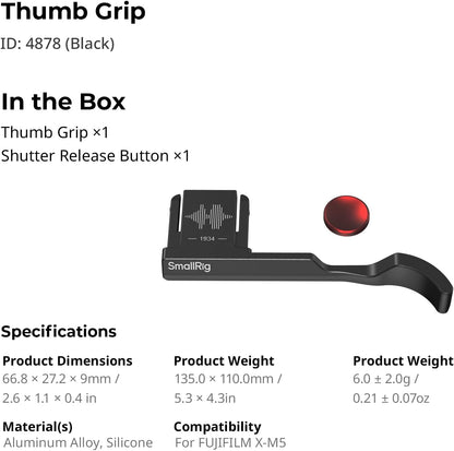SmallRig 4878 FUJIFILM X-M5 Thumb Grip Hot Shoe Cover Black