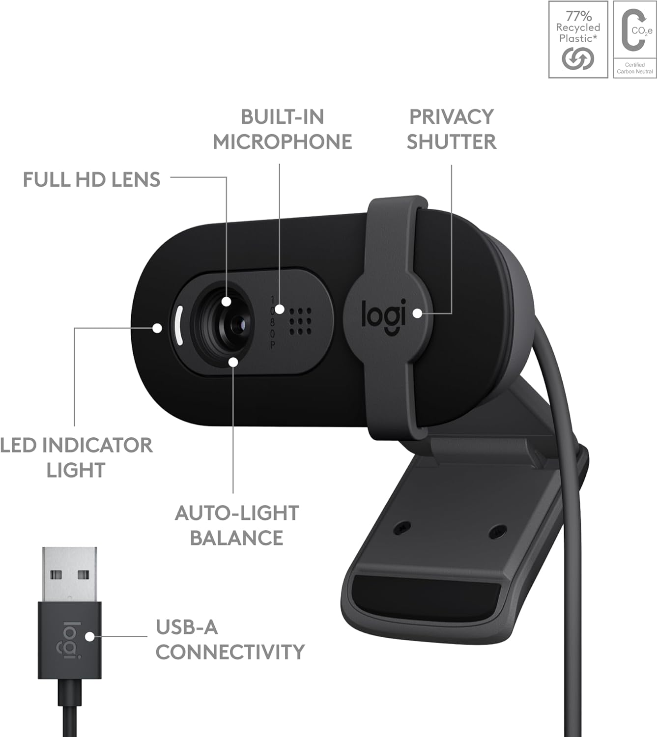Logitech 960-001589 Brio 101 Webcam - 1080p, Auto-Light, Privacy Shutter