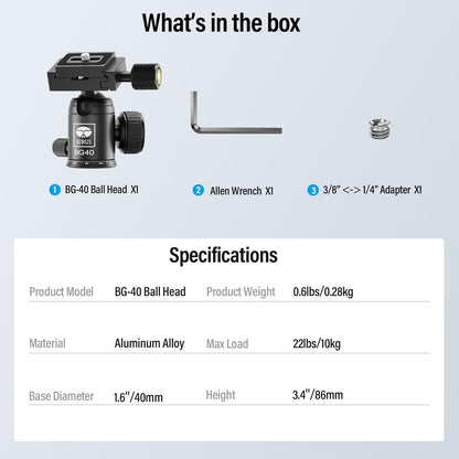 Sirui BG40 Tripod Ball Head - 22lbs Load Capacity