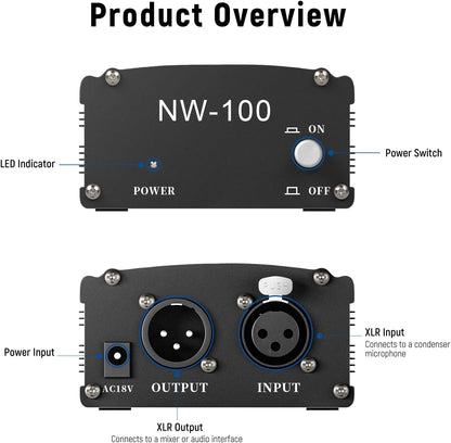 Neewer 40085860 48V Phantom Power Supply + XLR Cable for Condenser Microphones