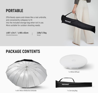 Neewer NS3U 65" Parabolic Photography Umbrella Softbox with Diffuser