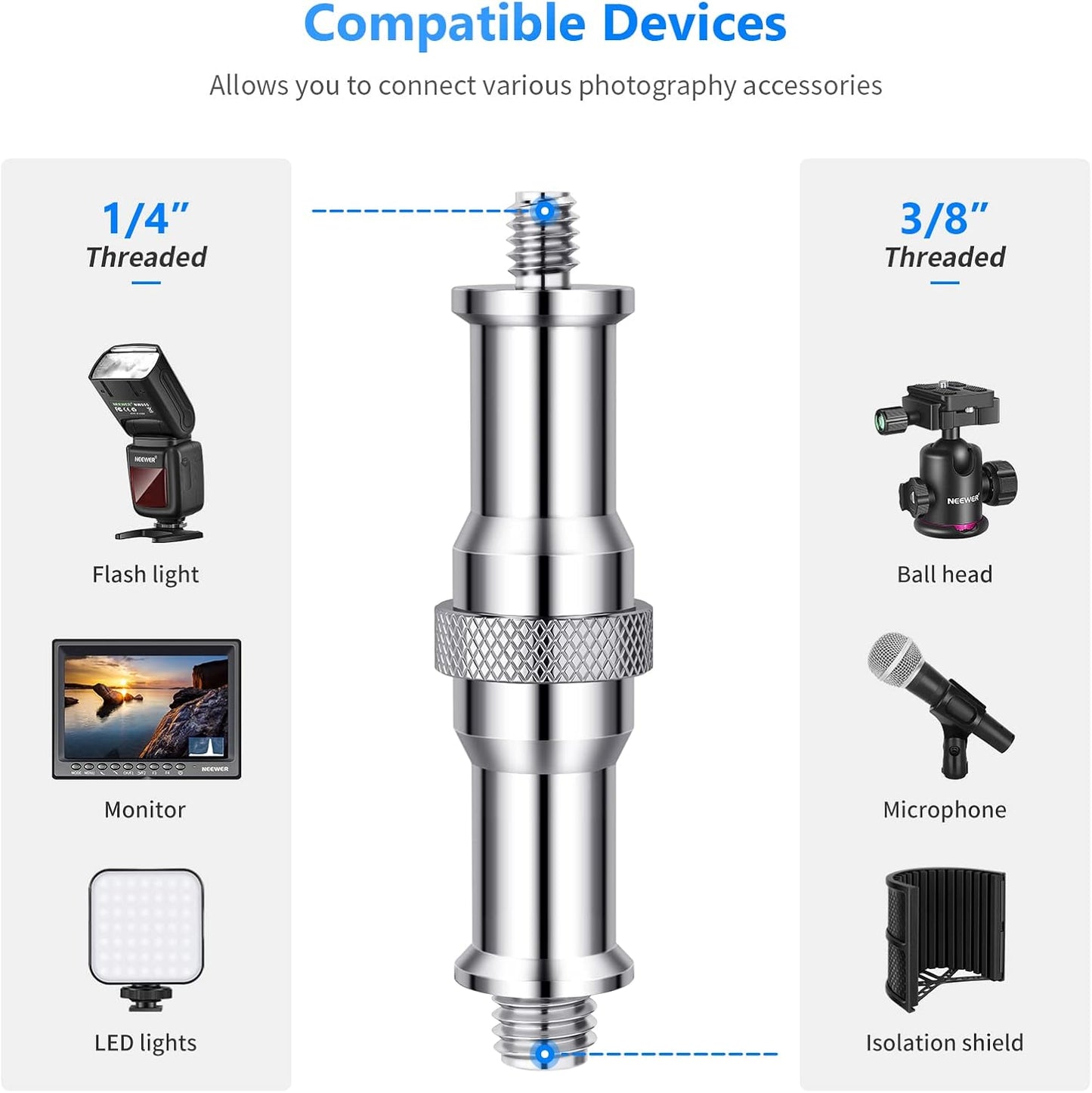 Neewer ST23 1/4" to 3/8" Metal Converter Adapter (3-Pack)