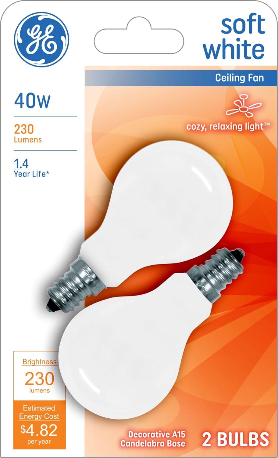 GE 71394 A15 40W Soft White Ceiling Fan Light Bulb 2-Pack
