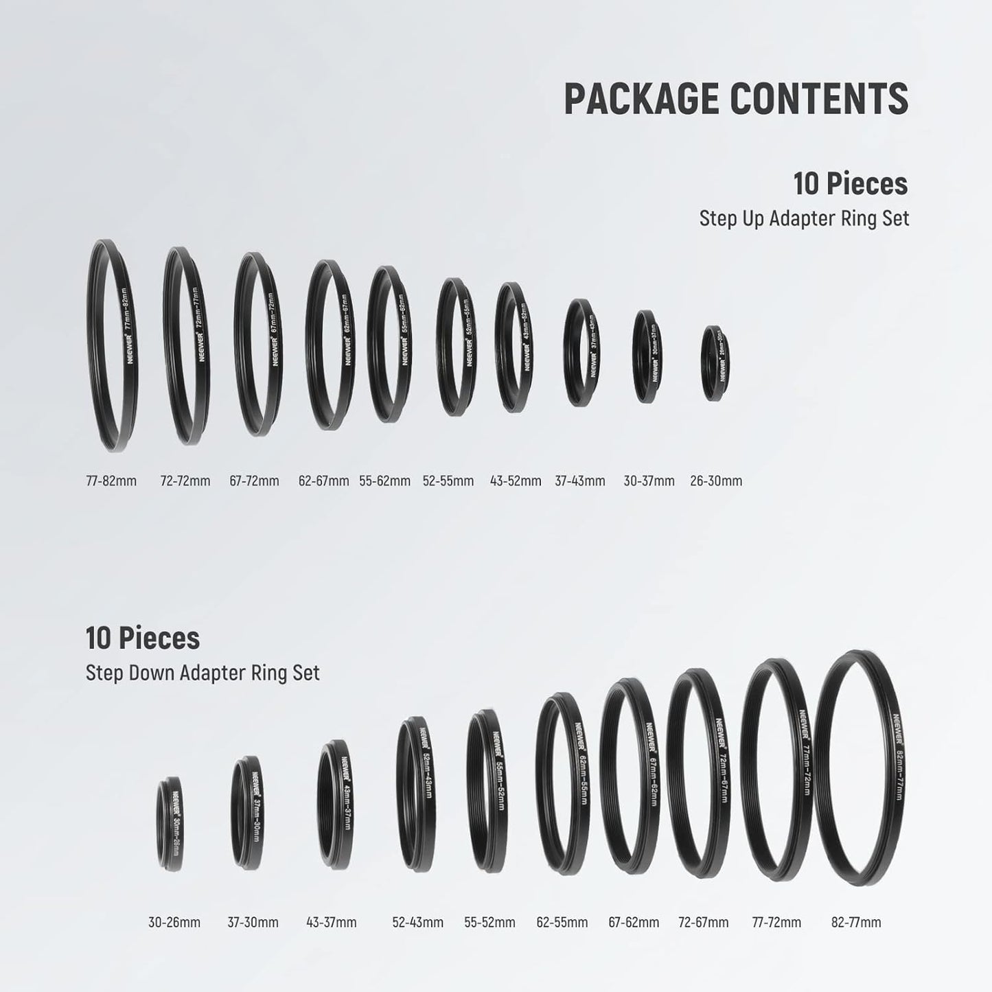 Neewer 90084559 20 Pcs Lens Filter Adapter Ring Kit
