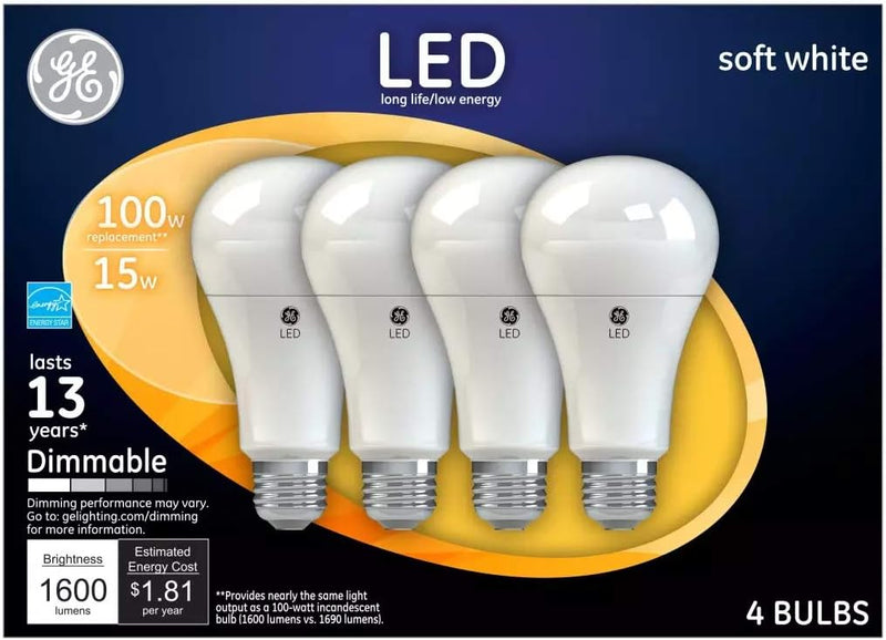 GE Soft White 100W Replacement LED A19 Light Bulbs 4-Pack — main product image
