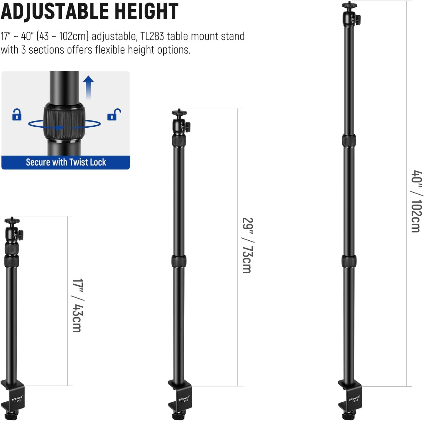 Neewer 10101878 Extendable Camera Desk Mount with Ball Head