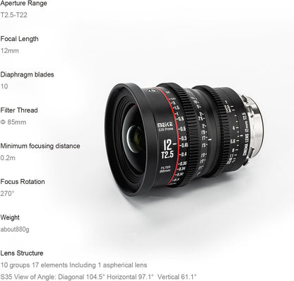 Meike 12mm T2.5 S35 Wide Angle Cinema Lens PL-Mount