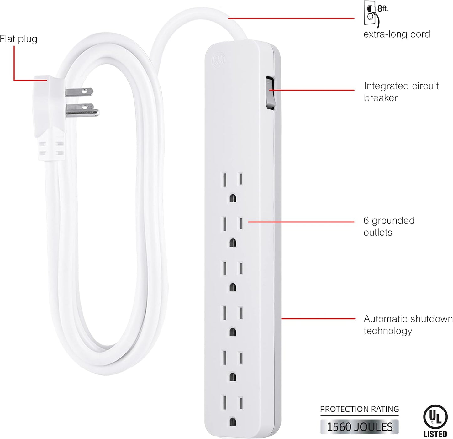 GE 57869 6-Outlet Surge Protector 8ft Cord White