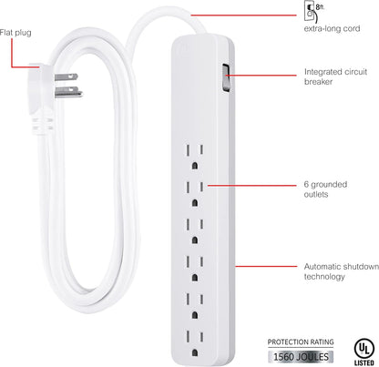 GE 57869 6-Outlet Surge Protector 8ft Cord White