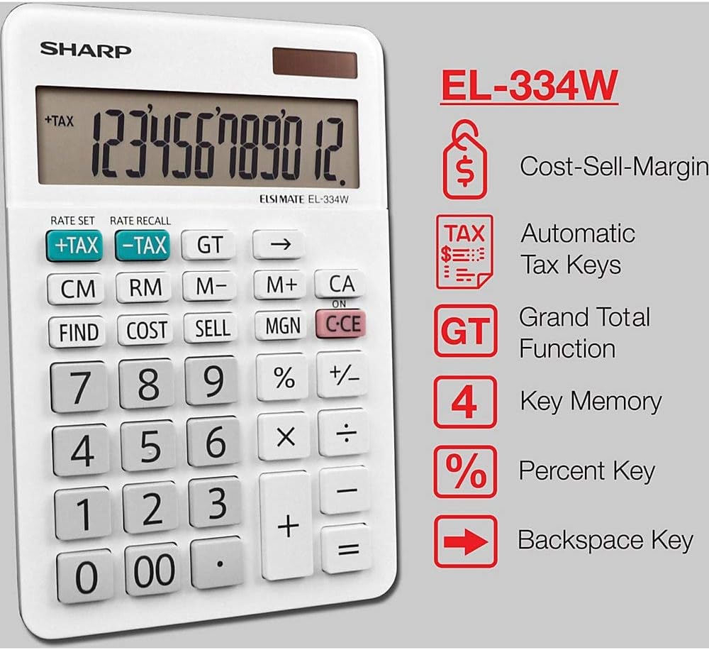 Sharp EL-334WB Business Calculator White 12-Digit Display
