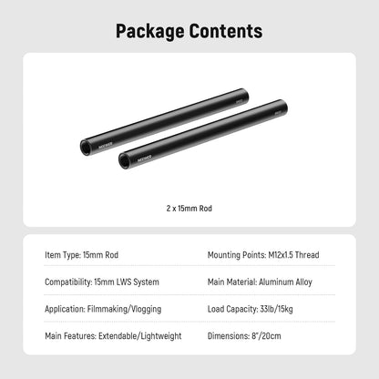 Neewer 10104675 15mm Rods - 8-inch Extension - 2-Pack