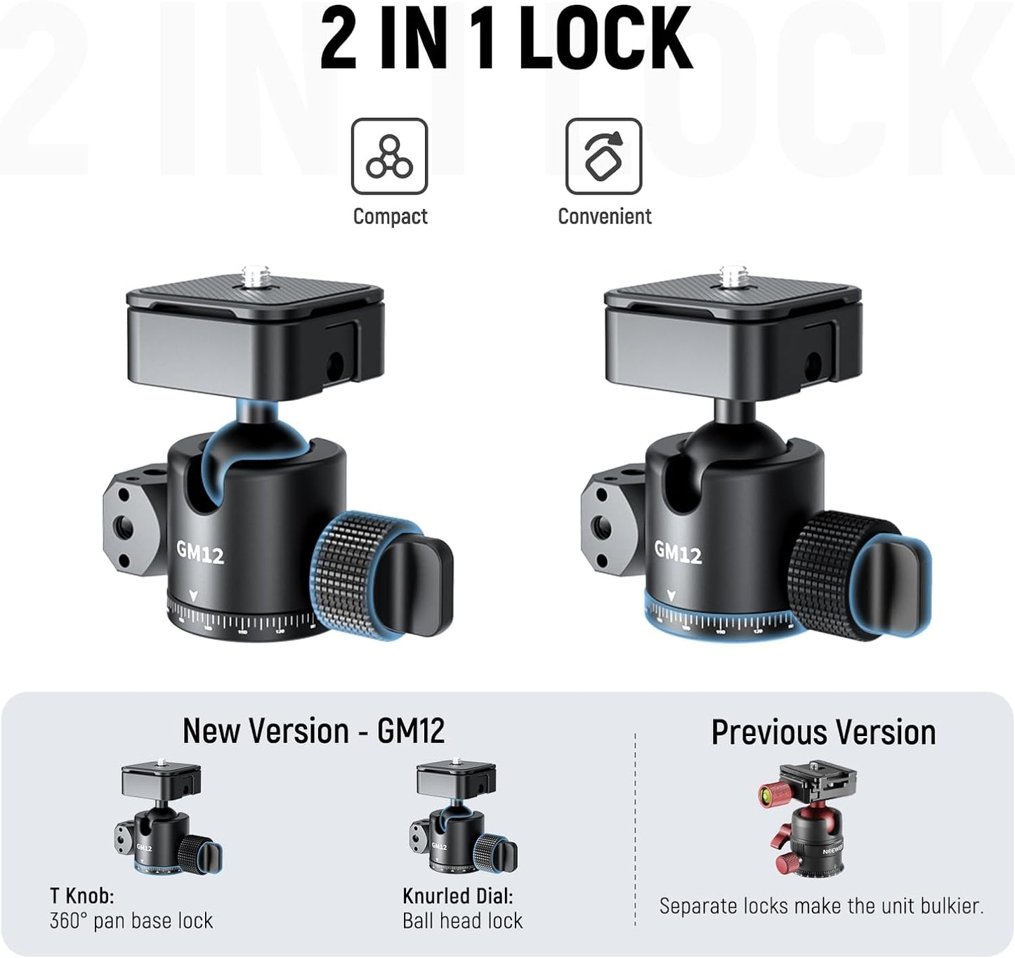 Neewer GM12 Ball Head - Arca Slot, 360° Pan, 13.2lb Load