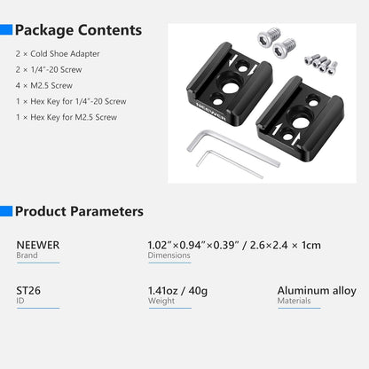 Neewer ST26 Cold Shoe Mount Adapter 2-Pack 1/4" Thread