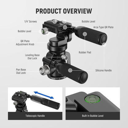 Neewer GM37 3-Way Tripod Head with Leveling Base