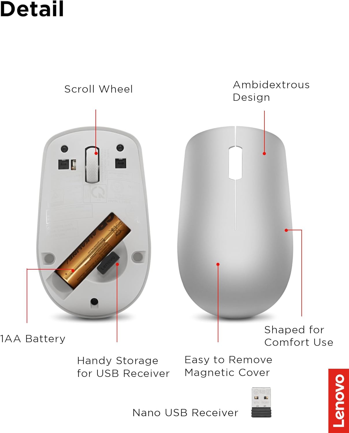 Lenovo 530MOUSE Full Size Wireless Mouse - Platinum Grey