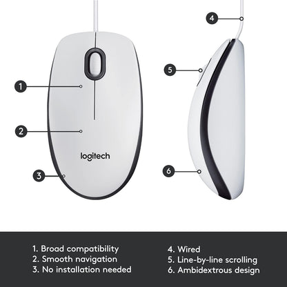 Logitech 910-005004 M100 Wired USB Mouse White
