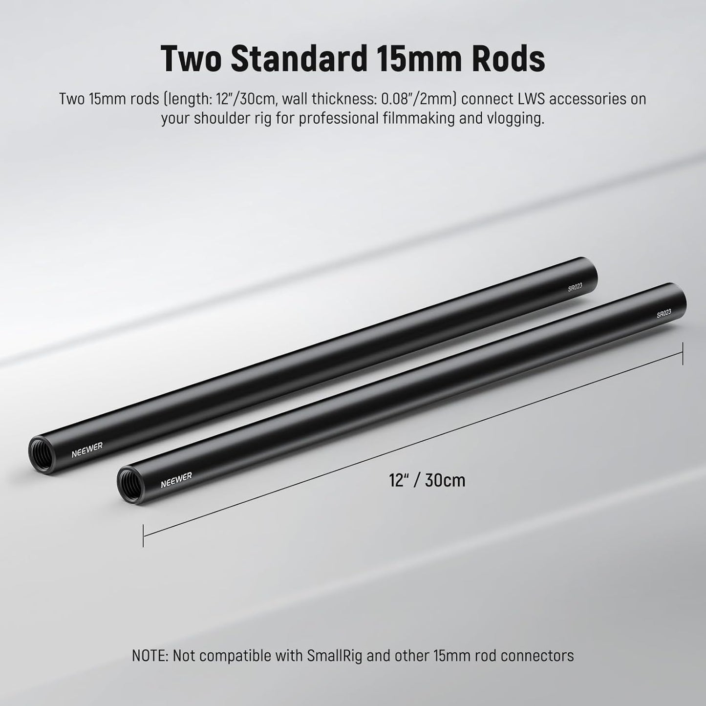Neewer 10104676 15mm Rods 12"/30cm Extension 2-Pack