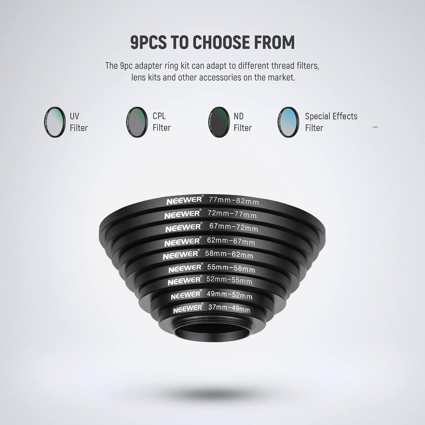 Neewer 10093012 Lens Filter Adapter Rings Set (9 Pieces)