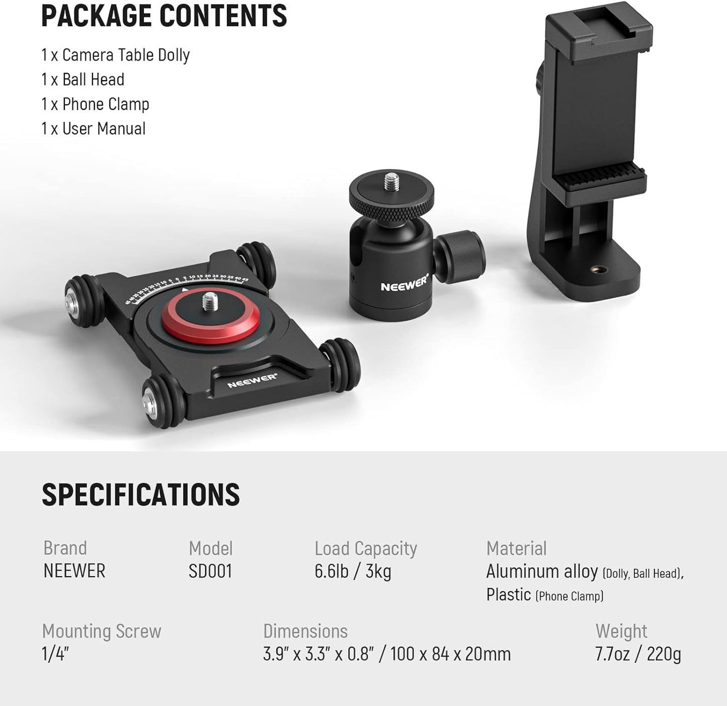 Neewer SD001 Camera Slider Dolly with Ball Head