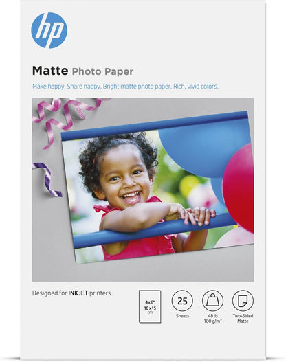 HP 6QH46A Matte Photo Paper - 4x6, 25 Sheets