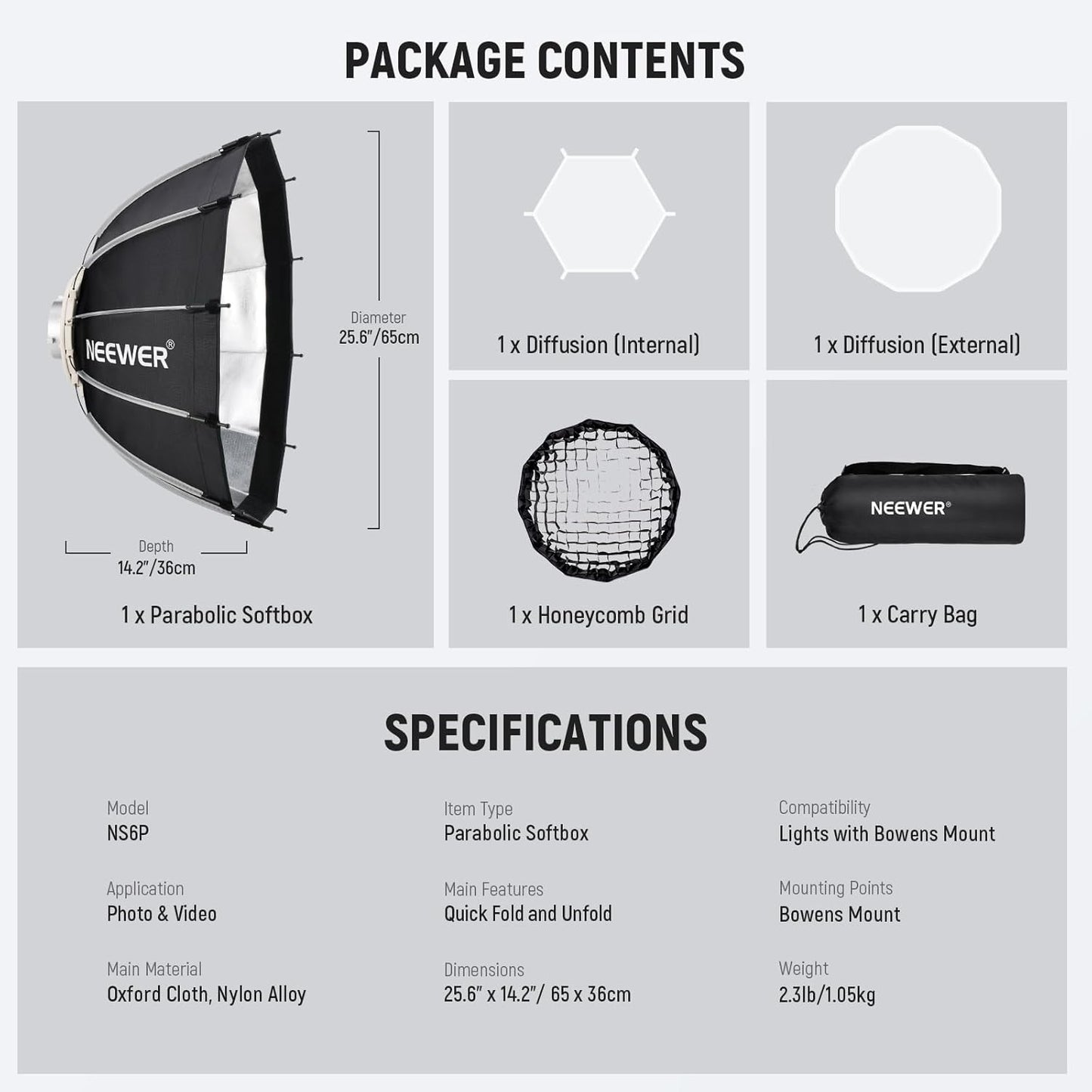 Neewer 65 cm Bowens Mount Parabolic Softbox Kit