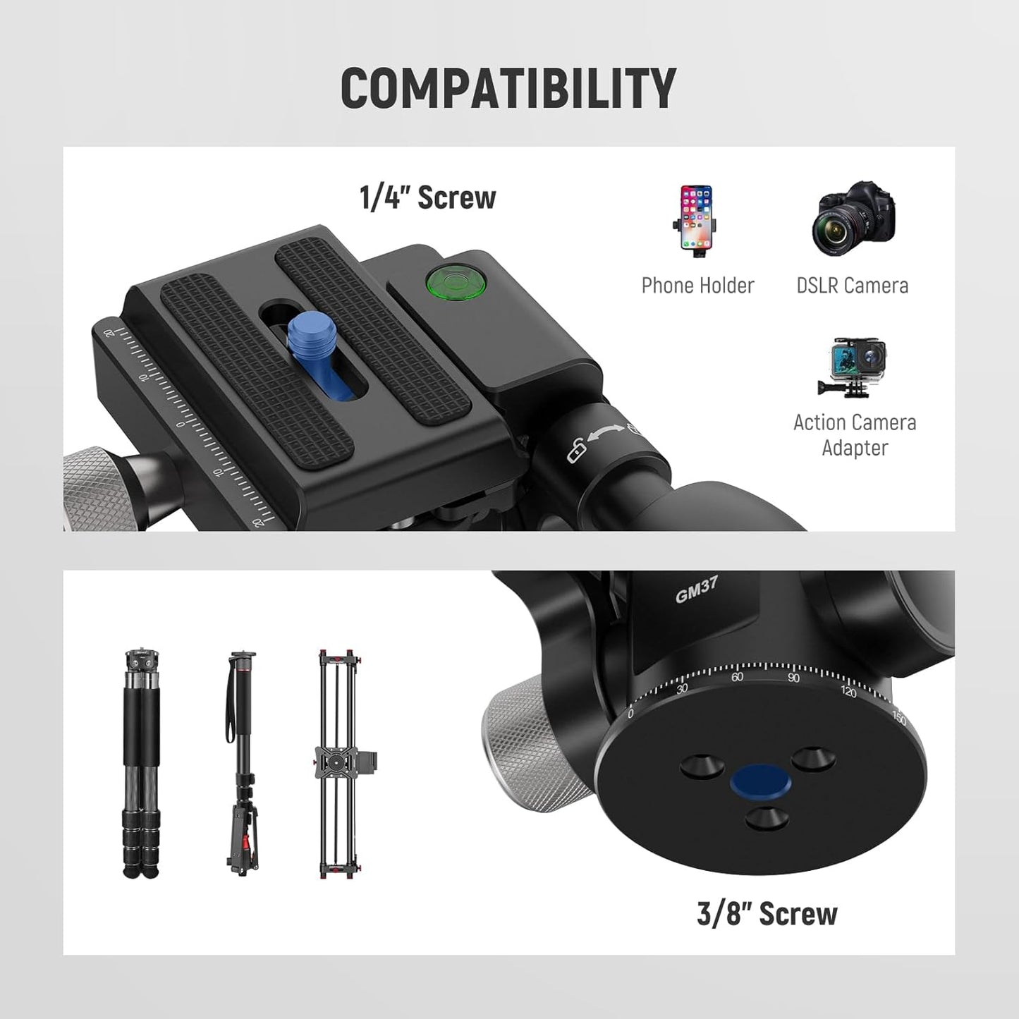 Neewer GM37 3-Way Tripod Head with Leveling Base