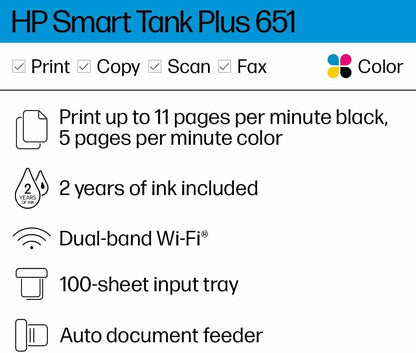 HP 7XV38A Smart Tank Plus 651 Wireless Printer