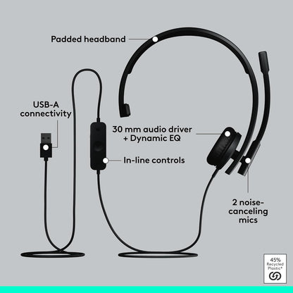 Logitech 981-001424 H570e USB Headset Noise Canceling Mic Teams Certified