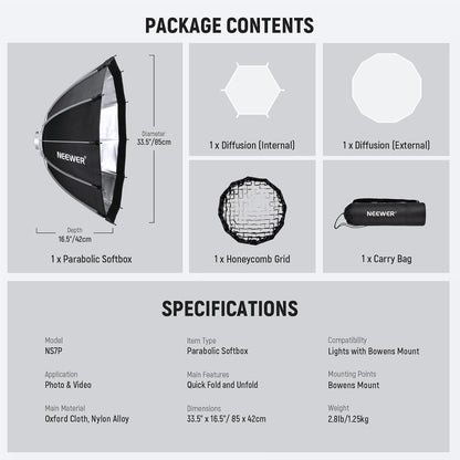 Neewer NS7P 85cm Bowens Mount Parabolic Softbox