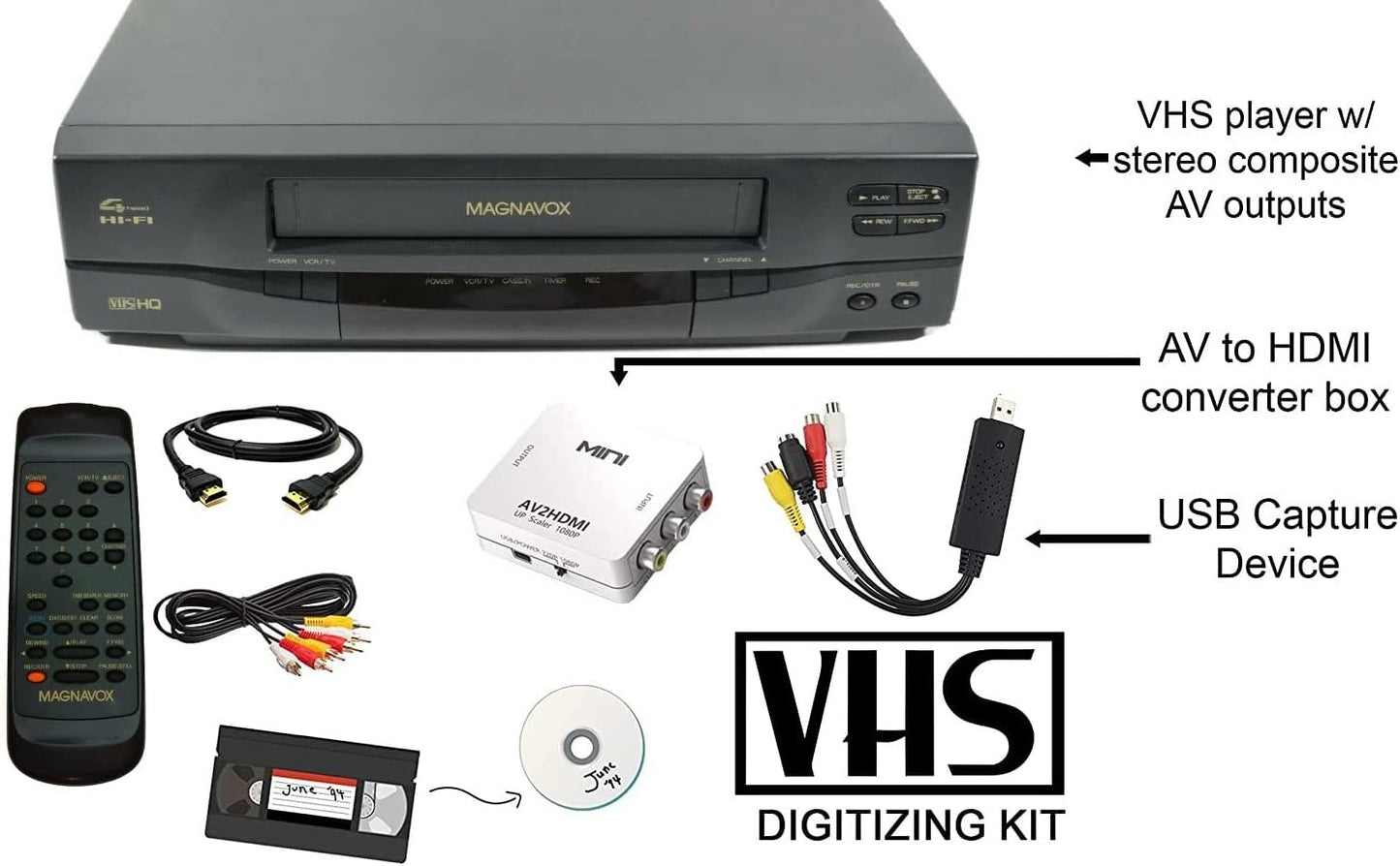 Magnavox 4-Head VCR Renewed with Adapters