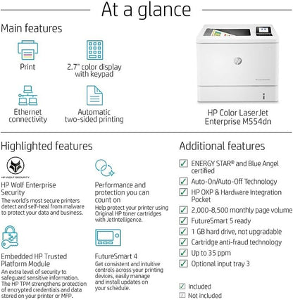 HP 7ZU81A#BGJ Color LaserJet M554dn Duplex Printer White