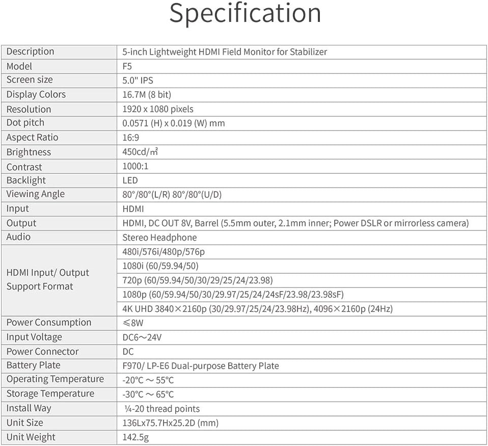 FEELWORLD F5-FBA 5 Inch On-Camera Field Monitor