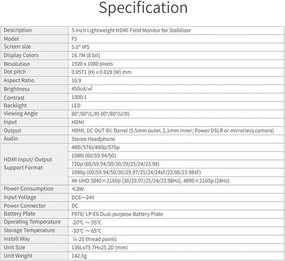FEELWORLD F5-FBA 5 Inch On-Camera Field Monitor
