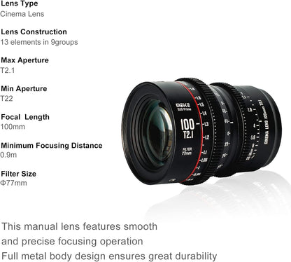 Meike 100mm T2.1 S35 EF Mount Cinema Lens - Manual Focus