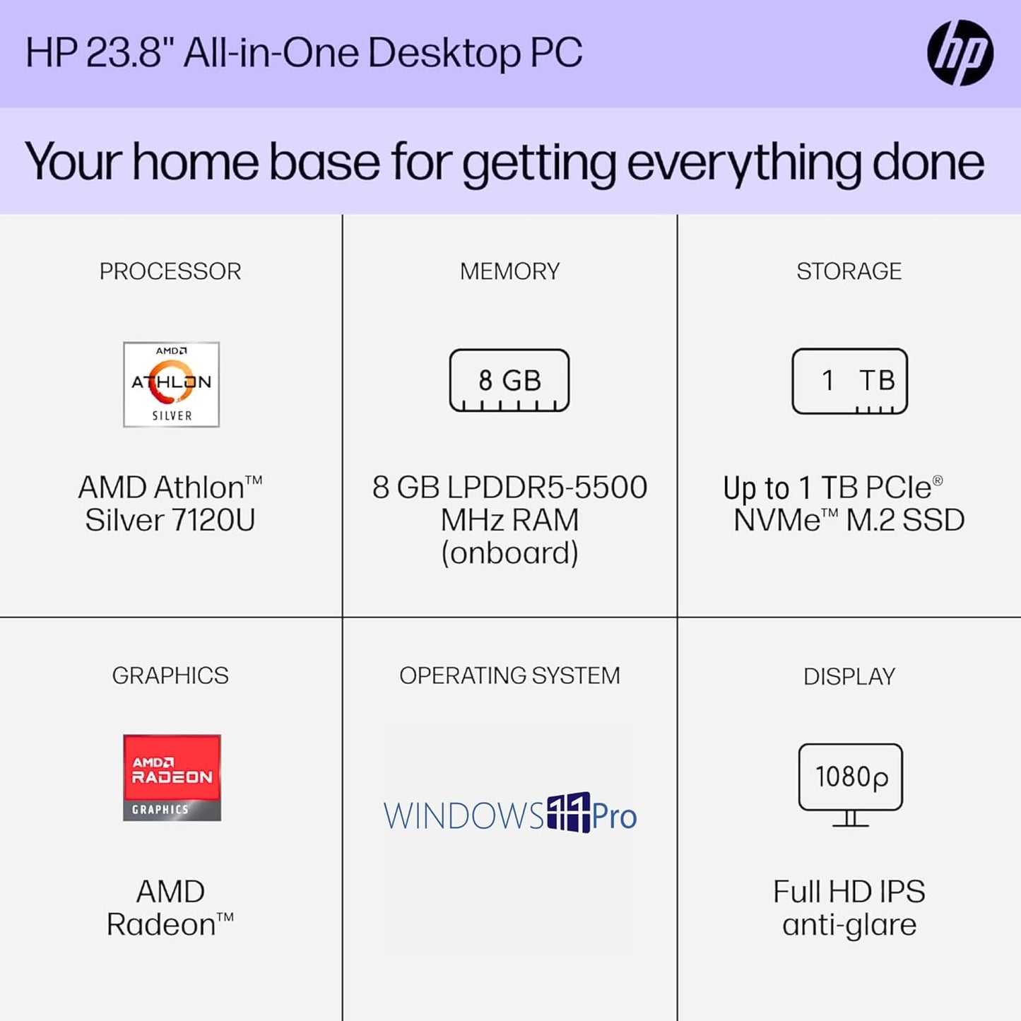 HP 24 All-in-One Desktop - AMD Athlon, 16GB RAM, 1TB SSD
