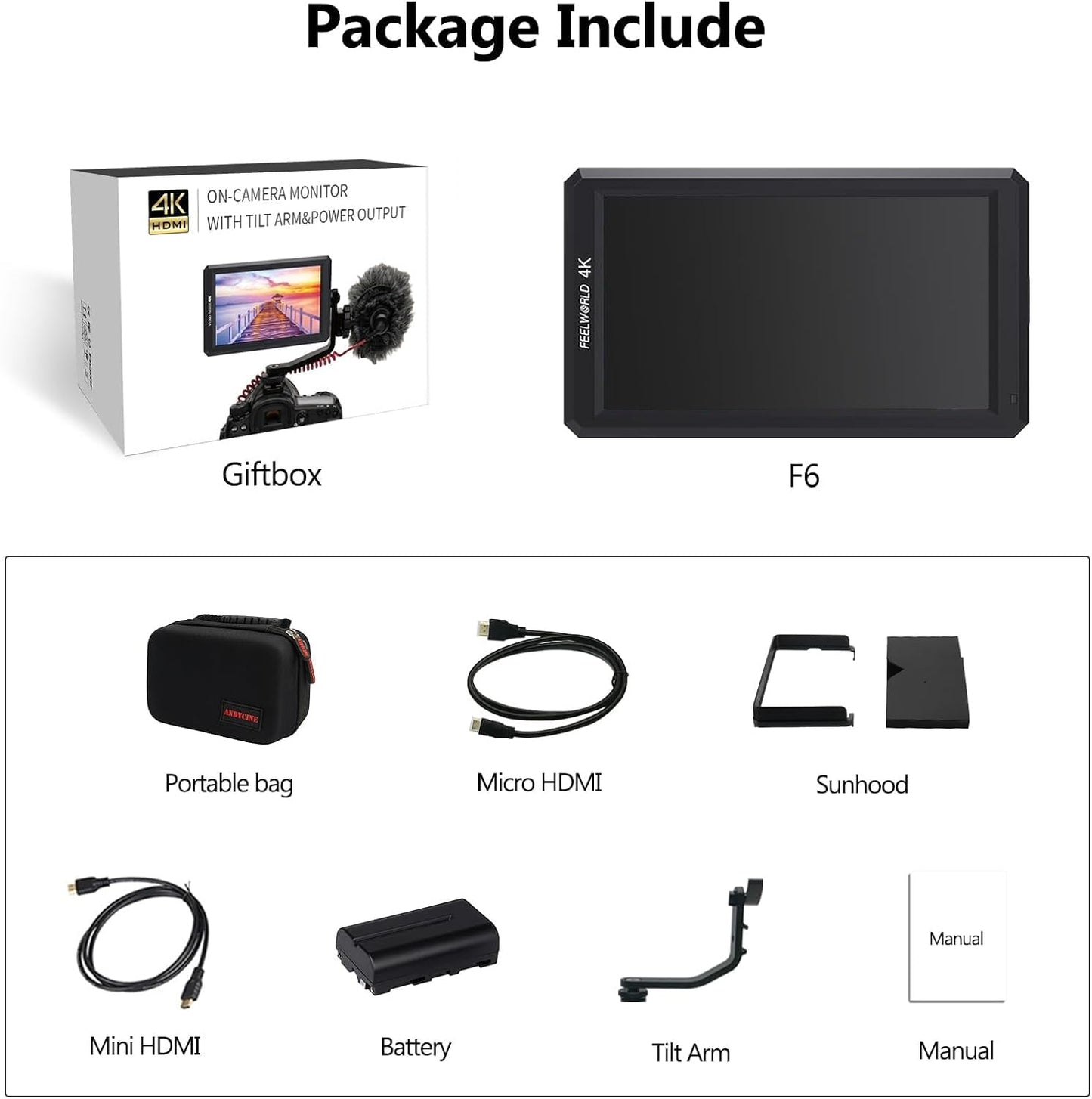 FEELWORLD FWDF6 6" 4K HDMI On-Camera Monitor Bundle