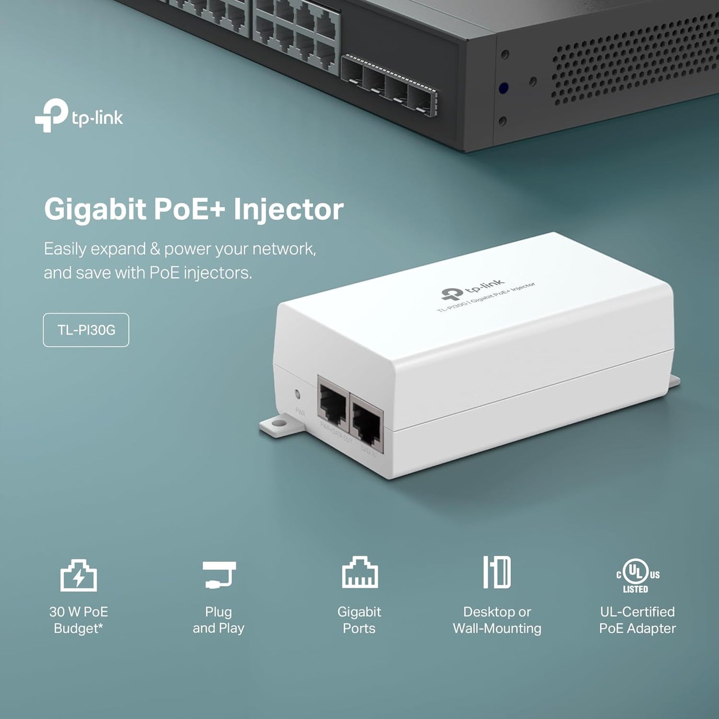 TP-Link TL-PI30G Gigabit PoE+ Injector Adapter