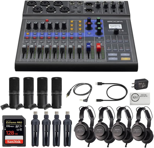 Zoom LiveTrak L-8 Portable Digital Mixer Podcast Bundle