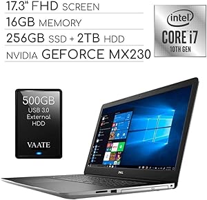 Dell Inspiron 17.3" FHD Laptop, i7, 16GB RAM, 2TB HDD + 256GB SSD + 500GB External HDD