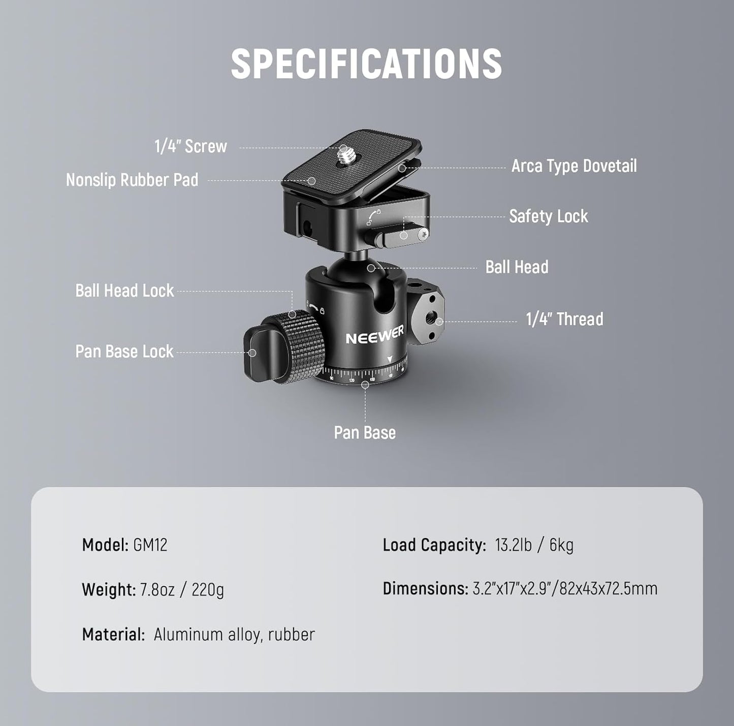 Neewer GM12 Ball Head - Arca Slot, 360° Pan, 13.2lb Load