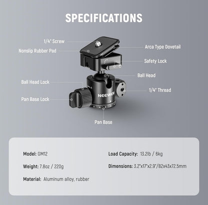 Neewer GM12 Ball Head - Arca Slot, 360° Pan, 13.2lb Load