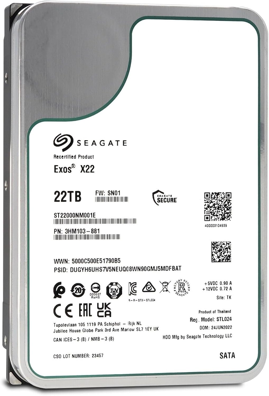 Seagate ST22000NM001E 22TB Exos X22 Enterprise Hard Drive