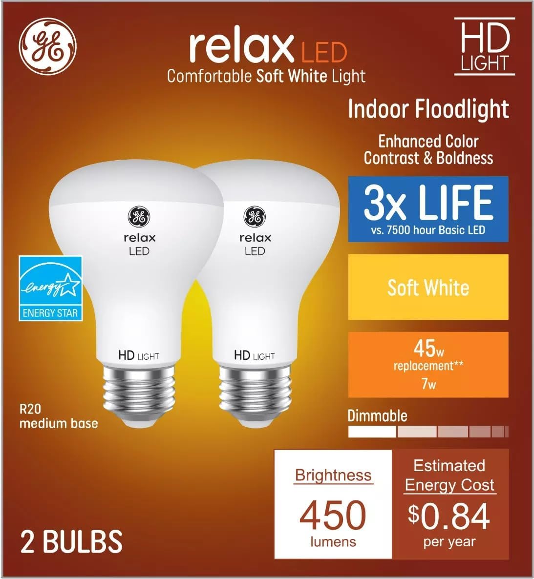 GE 41482 Relax LED R20 Dimmable Bulb 2-Pack