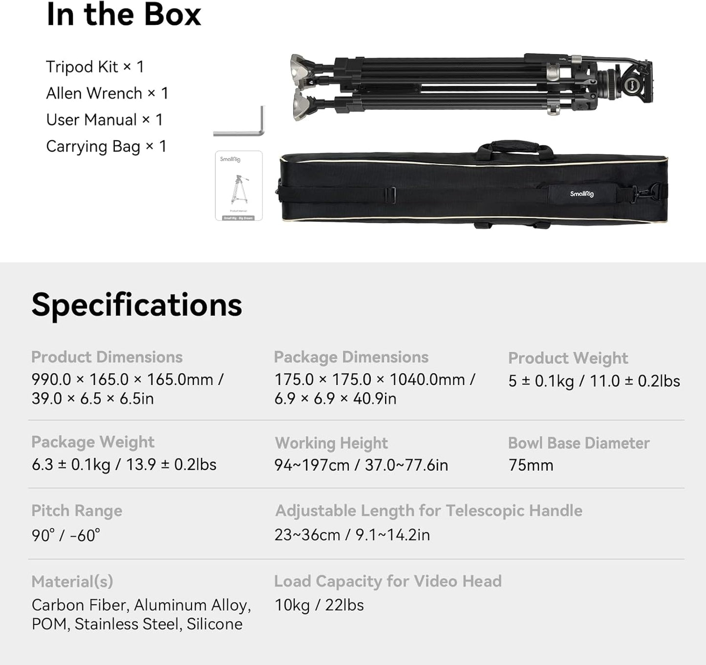 SmallRig 3989-CF-FBA-US AD-100 Carbon Fiber Video Tripod